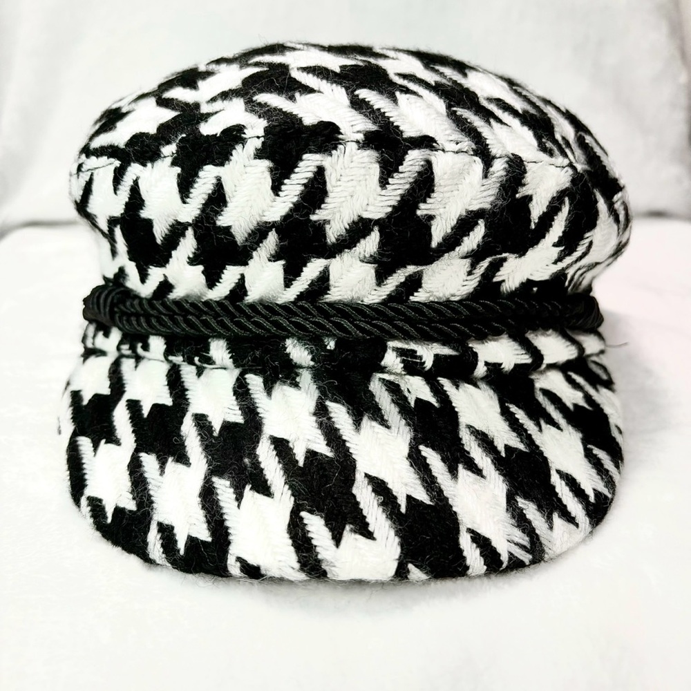 Newsboy Cap Houndstooth Double Twist Rope Hat Black White Women’s New - Picture 4 of 9